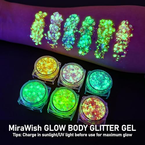 MiraWish 6 Colors Glow Body Glitter Gel, Glow in The Dark Hair Face Glitter Gel, Rave Accessories for Festivals Carnival U...
