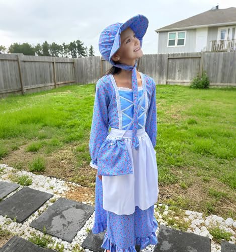 Meland Pioneer Dress for Girls - Colonial Floral Costume with Bonnet, Apron & Purse, Pionner Outfit for Girls 3-10 Years