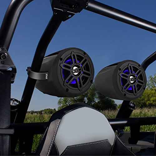 Pyle Waterproof Marine Wakeboard Tower Speakers - 4 Inch Dual Subwoofer Speaker Set w/ 300 Max Power Output - Boat Audio System w/Built-in LED Lights - Mounting Clamps Included PLMRLEWB46B (Black)