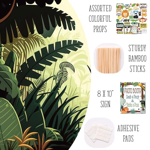 Safari Photo Booth Props - 41-pc Photobooth Kit with 8 x 10-Inch Sign, 60 Adhesive Pads, 45 Sticks - Kids Photo Booth Prop...