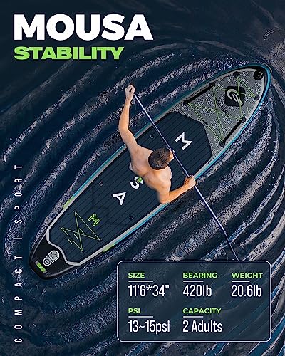 MOUSA 11'6“x35 Extra Wide Inflatable Stand Up Paddle Board, Stable Long SUP for 2 People/Family, Shoulder Strap, 3/5 Handl...