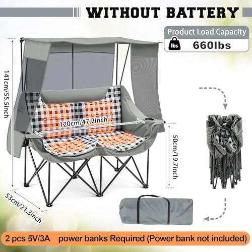 Heated Double Camping Chair with Canopy, Padded Loveseat 660lbs Folding Portable Chair with Pocket for Adult Outdoor Lawn,...