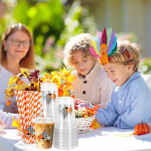 JarThenaAMCS 50Pcs Fall Plastic Cups with Lids and Straws Black White Plaid Pumpkin Clear Plastic Cups 12oz Pumpkin Dispos...