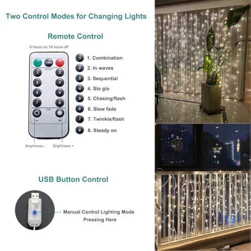 URLUKY 300 LED Curtain String Lights with Remote & Timer, 8 Modes Lighting, 9.8×9.8 Ft, DIY Lights for Birthday Wedding Ch...