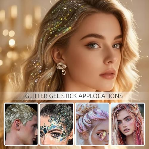 Body Glitter Stick, Neon Outfit Party Holographic Sparkling Sequins Face Paint Mardi Gras Accessories Hair Glitter Gel Mak...