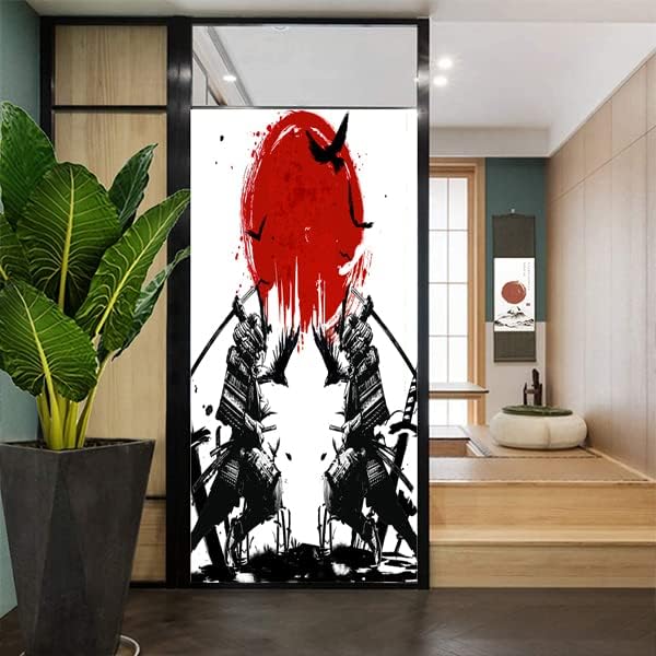 Japanese Samurai Stained Glass Film Watercolor Ink Samurai Sword Red Sun Printwindow Tinting Film for Home,Window Film Stained Glass 17.7Wx23.6L-Inch X1Pcs