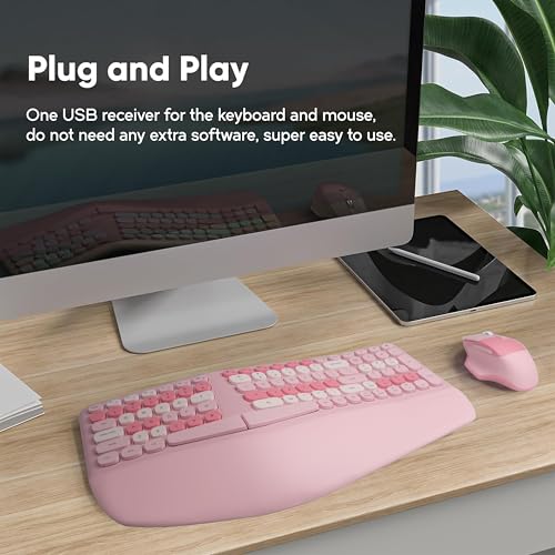 Wireless Ergonomic Keyboard and Mouse Combo with PU Wrist Rest, Carpal Tunnel Keyboard, 2.4G Colorful Split Ergo Keyboard,...
