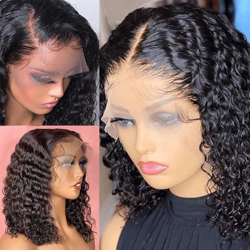 13x6 Deep Wave Lace Front Wigs Short Curly Bob Wig Human Hair 200 Density HD Glueless Lace Frontal Human Hair Wigs for Black Women Pre Plucked Natural Black 10 Inch