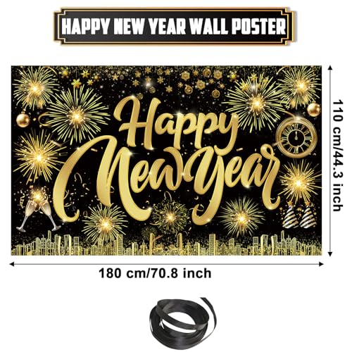 Famoby Happy New Year Fabric Sign Poster Banner Backdrop with Pattern Firework Champagne for Photo Booth Background New Ye...