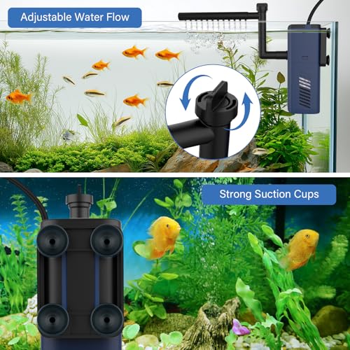 fishkeeper Aquarium Internal Filter,Adjustable Submersible Fish Tank Filter with 135GPH Water Flow, Ultra Quiet Biochemica...