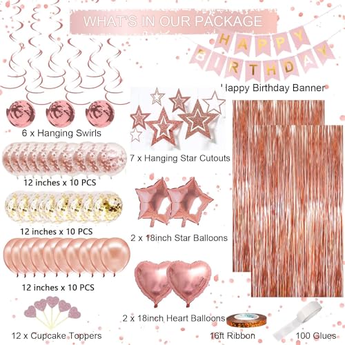Rose Gold Birthday Party Decorations, Happy Birthday Banner, Rose Gold Fringe Curtain, Heart Star Foil Confetti Balloons, ...