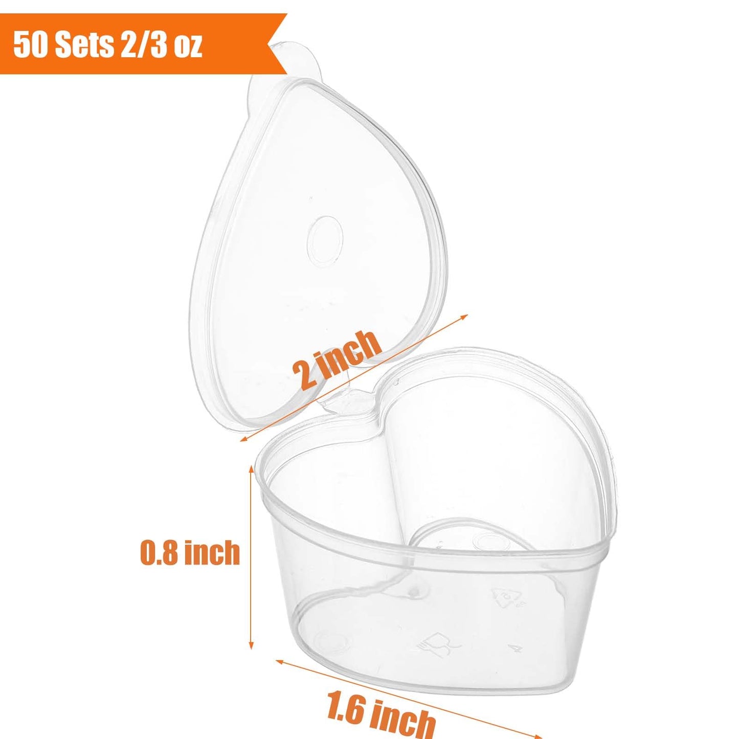 WXOIEOD 50 Sets 2/3 oz Heart Shaped Jello Shot Cups with Lids, Small Condiment Containers, Disposable Portion Cups, Plastic Souffle Cup, Mini Sample Tasting Cups, Dipping Sauce Cup To Go Bowls, Clear