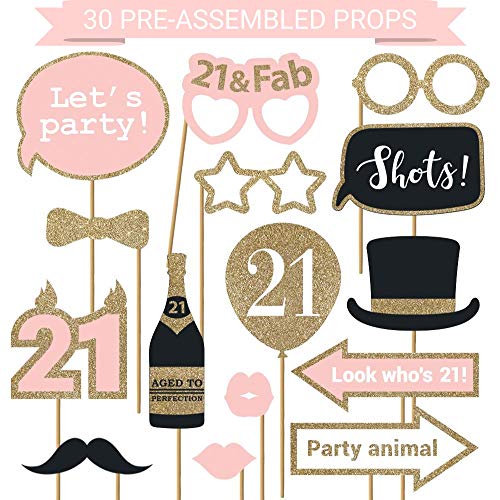 Fully Assembled 21st Birthday Photo Booth Props - Set of 30 - Pink & Gold Selfie Signs - 21st Party Supplies & Decorations...