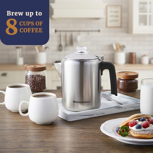 Elite Gourmet EC008 Classic Stovetop Coffee Percolator, Glass Clear Brew Progress Knob, Cool-Touch Handle, Cordless Serve,...