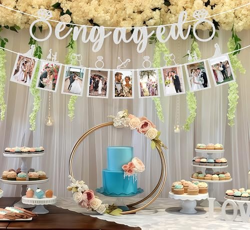 Pre-Strung Engaged Photo Banner - Silver Glitter Engagement Party Decoration Supplies with Romantic Memories Picture Card ...