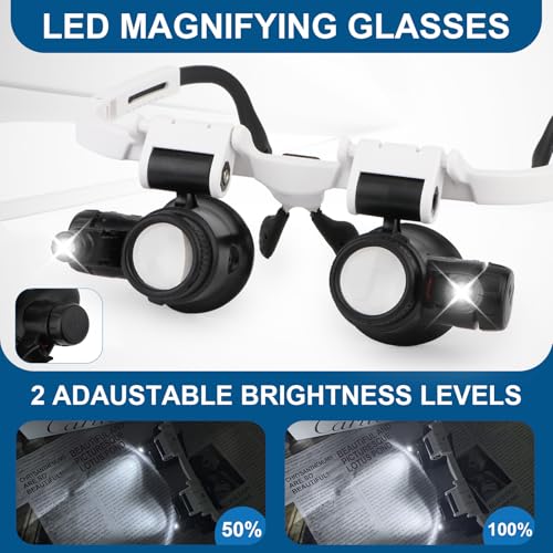 Handsfree Magnifying Glass Headband Magnifier with 2 LED Lights 8X 15X 23X Magnification Head-Mounted Loupe for Close Wor...