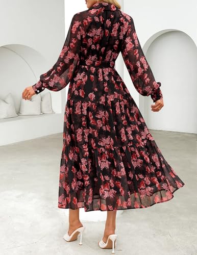 ZESICA Women's Spring Floral Long Sleeve Maxi Dresses 2026 Casual Button Belted Chiffon Boho Wedding Guest Party Dress