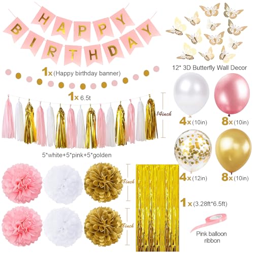 Pink and Gold Birthday Party Decorations for Women with Happy Birthday Banner,Curtains, Butterfly Wall,Circle Dots Garlan...