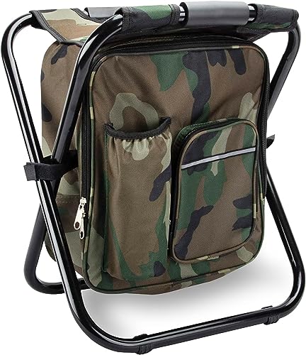 Kikerike Folding Stool Backpack Insulated Cooler Bag, Collapsible Camping Hunting Fishing Multifunction Chair with Front P...