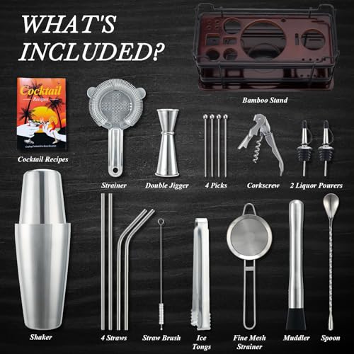 Boston Cocktail Shaker Set with Stand, 20-Piece Complete Bartender Kit for Home Bar Use, Essential Bar Set with 18oz & 28o...