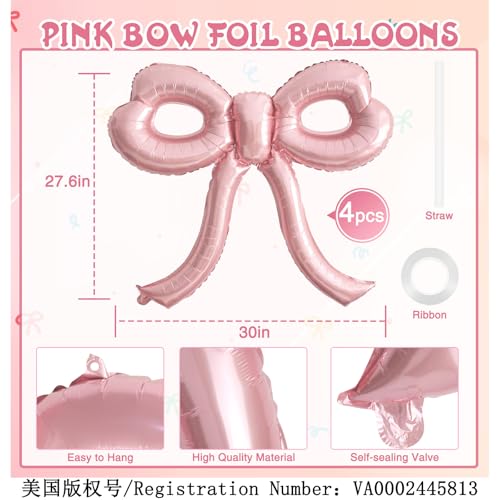 4 Pcs Pink Bow Balloons Bow Party Decorations for Girl Women Pink Bow Birthday Decorations Giant Foil Balloon for Baby Sho...