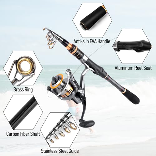 Dr.Fish Rod and Reel Combo 6-9.8ft Spinning Pole 3000 Spinning Reel Bass Fishing Lure Kit Telescopic Travel Collapsible Fi...