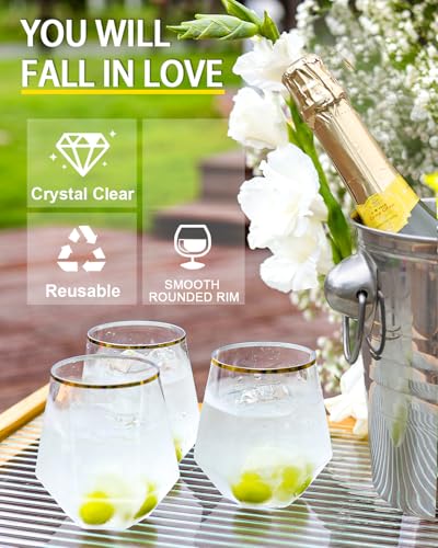 Maaacute 40 Pcak Plastic Stemless Wine cocktail Whiskey Champagne Glasses, 12 Oz Gold Rim Disposable Clear Unbreakable Cup...