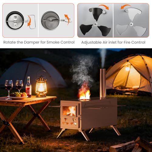 Upgraded Wood Stove, Hot Tent Stove Camping Portable Stainless Steel Wood Burning Stove with 7 Chimney Pipes for Wall Tent...