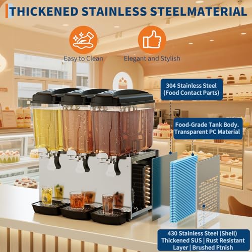 Commercial Beverage Dispenser, 3 Tanks 18L Each with Compressor Cooling (45-54°F), Large Capacity Cold Drink Dispenser, St...