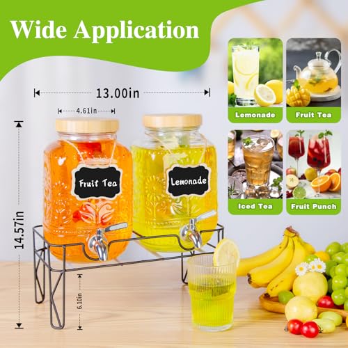 2-Pack1Gallon Glass Drink Dispensers for Parties,Beverage Dispenser with Stainless Steel Leakproof Spigot/Stand/Bamboo Lid...