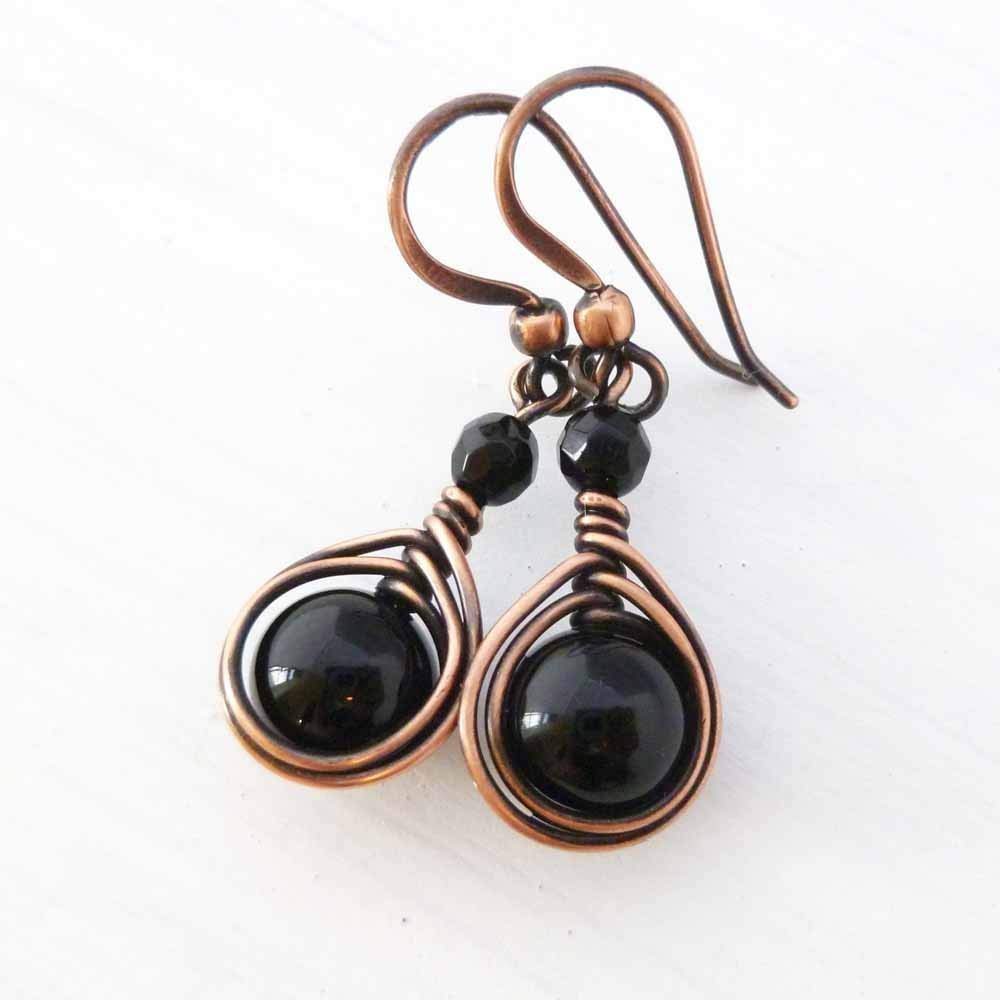 Pillar of Salt Studio Handcrafted Solid Copper Earrings with Black Onyx Gemstone (Antiqued Copper, 1" drop)