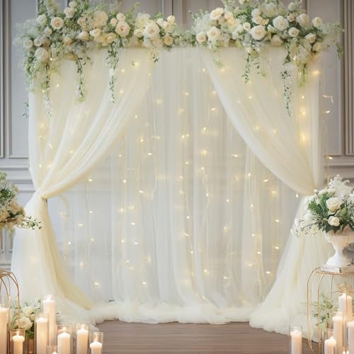 10x10ft Ivory Tulle Backdrop Curtain with Lights String for Parites, Sheer Backdrop Curtains for Wedding Baby Shower Birth...