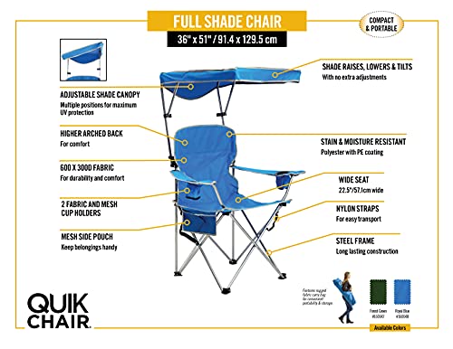 Quik Shade Full Size Shade Folding Chair for Camping, Polyester, Arm Rest|Foldable, Royal Blue, 2'L x 3'W x 4.3'H (160048DS)