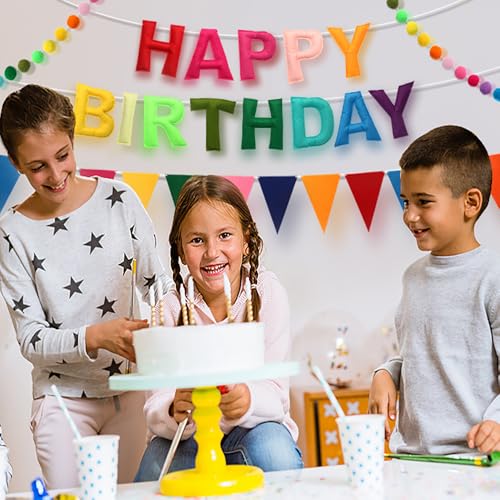 Pre-Strung Happy Birthday Banner, Felt Ball Garland HAPPY BIRTHDAY Garland, Rainbow Decorations Decor Party Pennant, Multi...