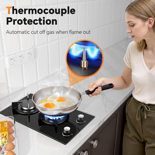 Gas Stove 2 Burner, Propane Cooktop 12 Inch, Built-in Gas Cooktop Black Tempered Glass Stove Top with Thermocouple Protect...