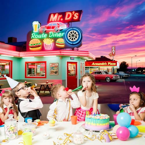 HANYING 50s Retro Dinner Backdrop Route 66 Night Cityscape Fast Food Store Photography Background Nostalgia Classic Car Vi...