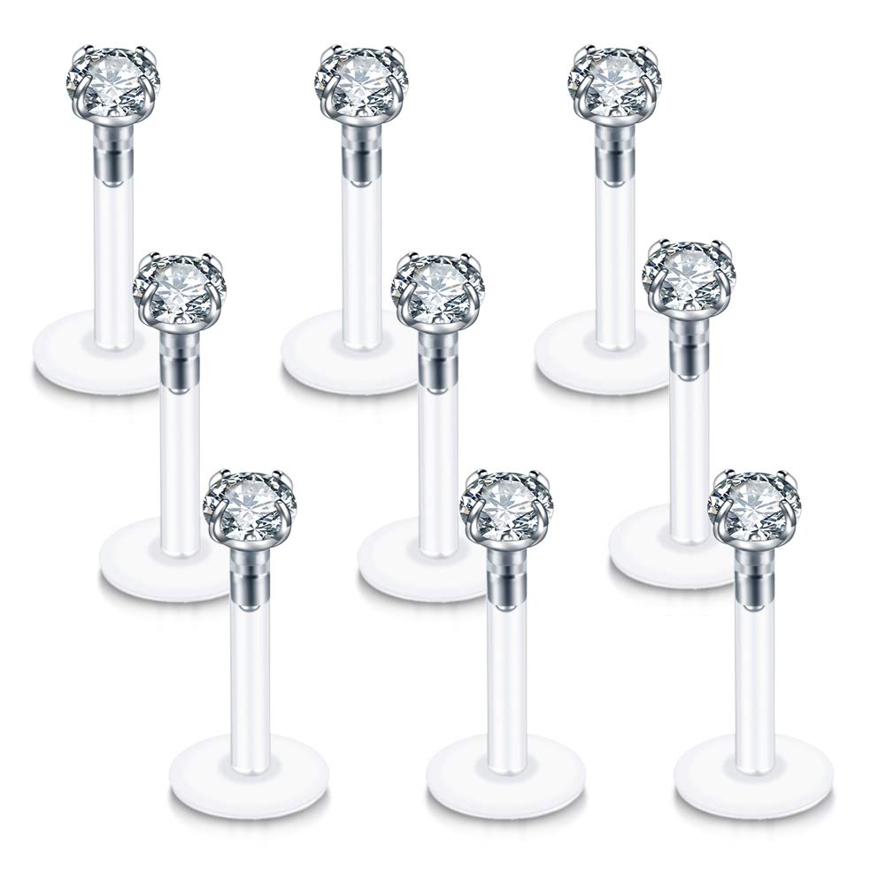 Xpircn 16G Clear Labret Monroe Lip Ring Tragus Helix Cartilage Earring Stud Piercing Jewelry with 3 mm CZ, 8 mm Bar