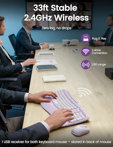 Purple Ergonomic Wireless Keyboard and Mouse Combo, Sablute 2.4G Full Size Ergo Wave Key Board with Cushioned Plam Rest, N...