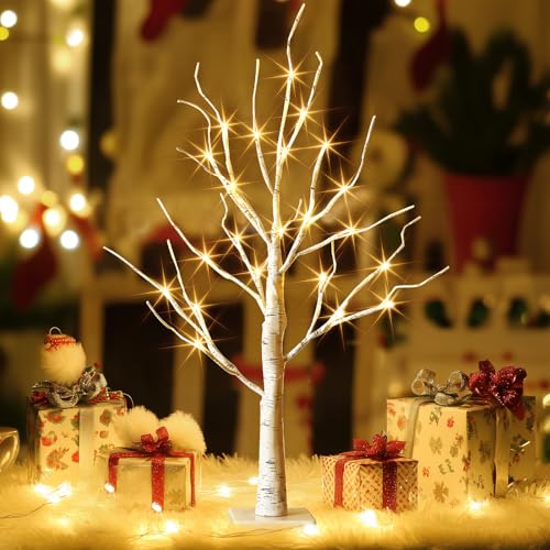 EAMBRITE Lighted Birch Tree Christmas Decorations for Home, White Birch Tree with Lights, 24 LED Lighted Mini Money Tree T...