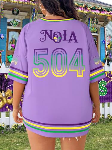 NANYUAYA Women's Plus Size Mardi Gras Oversized Shirt Fat Tuesday Carnival Top V Neck Festival Short Sleeve Party Tee