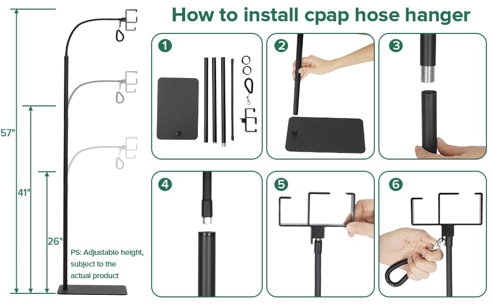 EonRivet CPAP Hose Holder for Bedside -All-Metal Stand with Aluminum Hook |NoWall Drilling | Fits ResMed/Philips/AirSense Tubing | Helps Keep Hose Clean &Tangle-Free