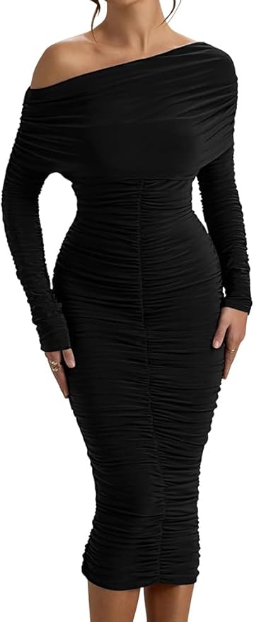 LAGSHIAN Women's Elegant Bodycon Long Sleeve Midi Dress Fall Off The Shoulder Ruched Cocktail Party Dresses