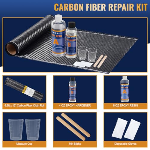 6.6FT 3K/240g Carbon Fiber Repair Kit, 12" Carbon Fabric Fiber Cloth Roll, 8OZ Epoxy Resin 4OZ Hardener, DIY Carbon Fiber ...