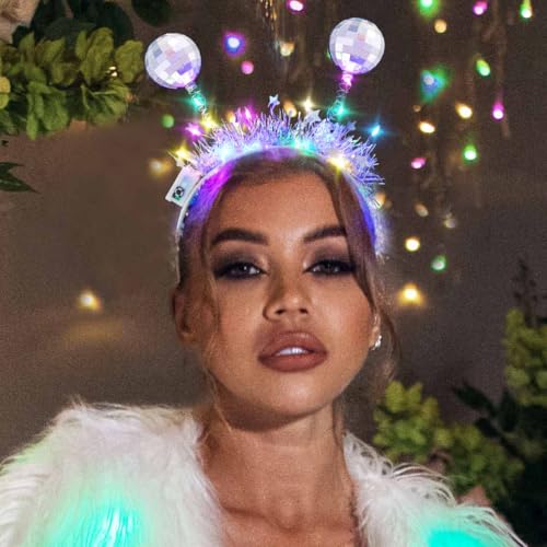 DRESBE Light Up Disco Ball Headbands Silver LED Alien Headband Glow Party Hair Accessories for Women(2pcs)