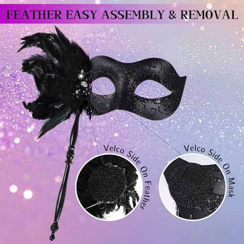 BEARAE Masquerade Mask for Women with Stick, Feather Venetian Masks, Costume Mask for Mardi Gras Gatsby Party Decoration
