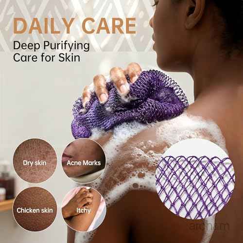 African Net Sponge Authentic Exfoliating - Exfoliating Body Scrub Bath Sponge Back Scrubber Washcloth for Shower Toiletry Bag Real Afroscrub Exfoliator Bathing Care Accessories Purple + Pink ARCH&M