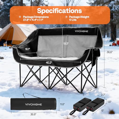 VIVOHOME 45W Padded Heating Double Camping Chair with 2 x 27000mAh Power Bank, Heated Oversized Portable Loveseat for Outd...