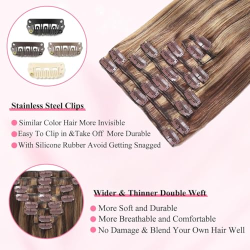 Clip in Hair Extensions Real Human Hair 3.9oz/110g Clip ins 100% Human Hair Extension for Women 8pcs Per Set with 18 Clips Double Weft (22 Inch #4/27 Chocolate Brown to Honey Blonde)