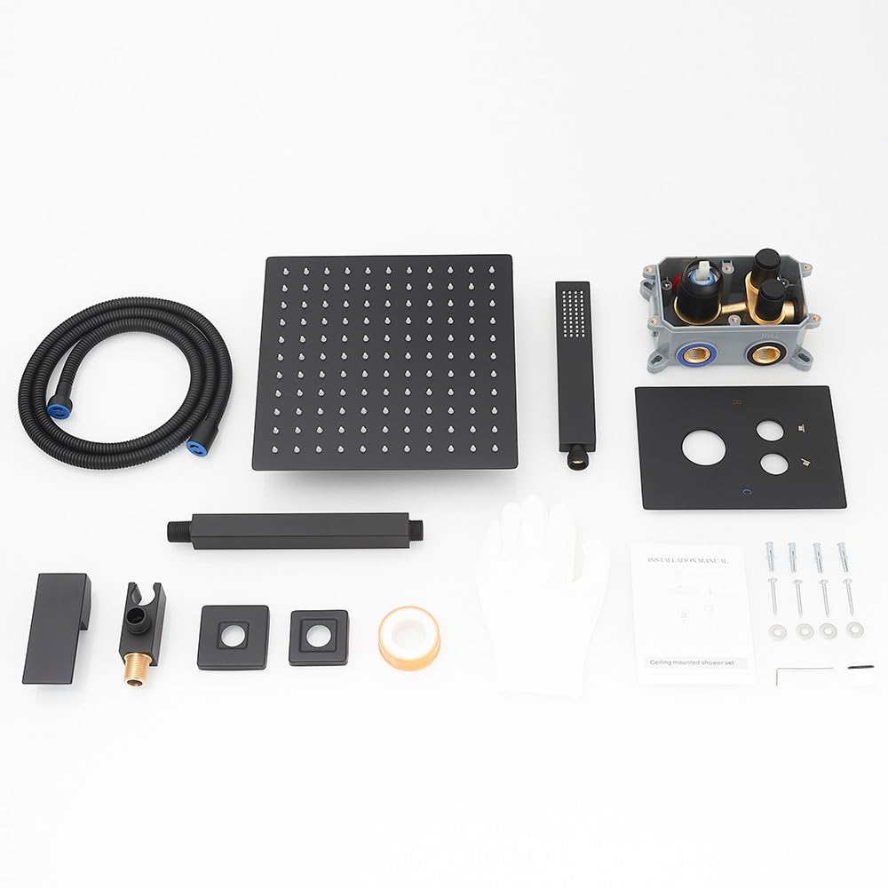 JingGang Matte Black Shower System with Push Button Diverter, Ceiling Mount Luxury 12 Inch Rain Shower Head with Handheld Spray, Shower Faucet Combo Set with Rough-in Valve Body and Trim Kit Included
