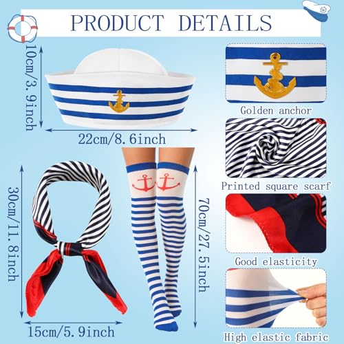 BOARDFEB 3 Pcs Yacht Sailor Costume Set, Sailor Cap Scarf Stockings Yacht Captain Hat Boat Costume for Women Captains Dres...